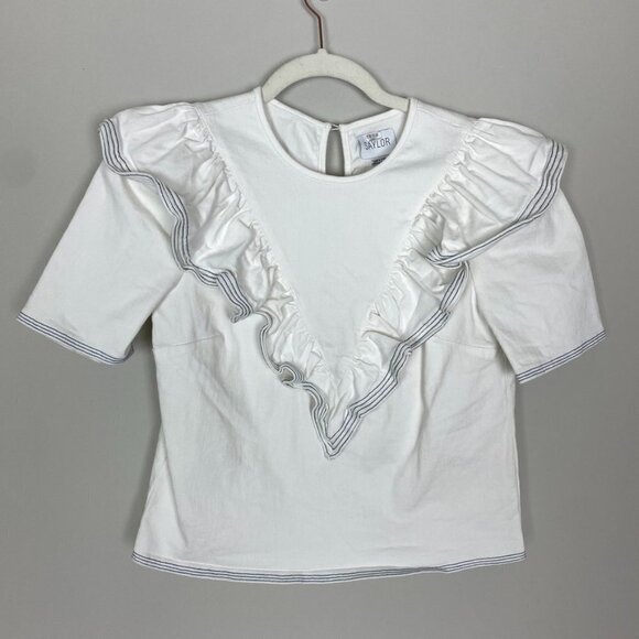 Saylor Harriette Denim Ruffle Top Shirt Short Sleeves Womens Medium White - Picture 3 of 8